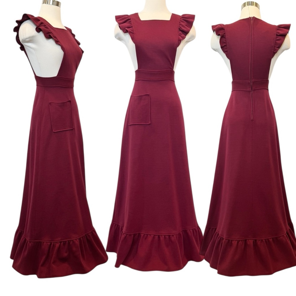 Vintage 70s Corky Craig Stretch Knit Milkmaid Prairie Pinafore Apron Maxi Dress - Picture 9 of 9